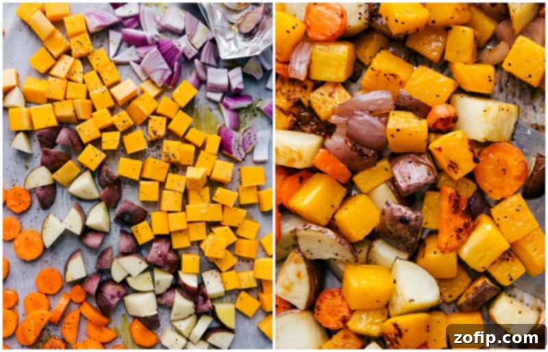 Assorted fresh vegetables, including vibrant butternut squash, sliced carrots, and rustic red potatoes, neatly arranged on a baking sheet, glistening with olive oil and ready for roasting to enhance their natural sweetness and depth of flavor for the homemade chicken vegetable soup.
