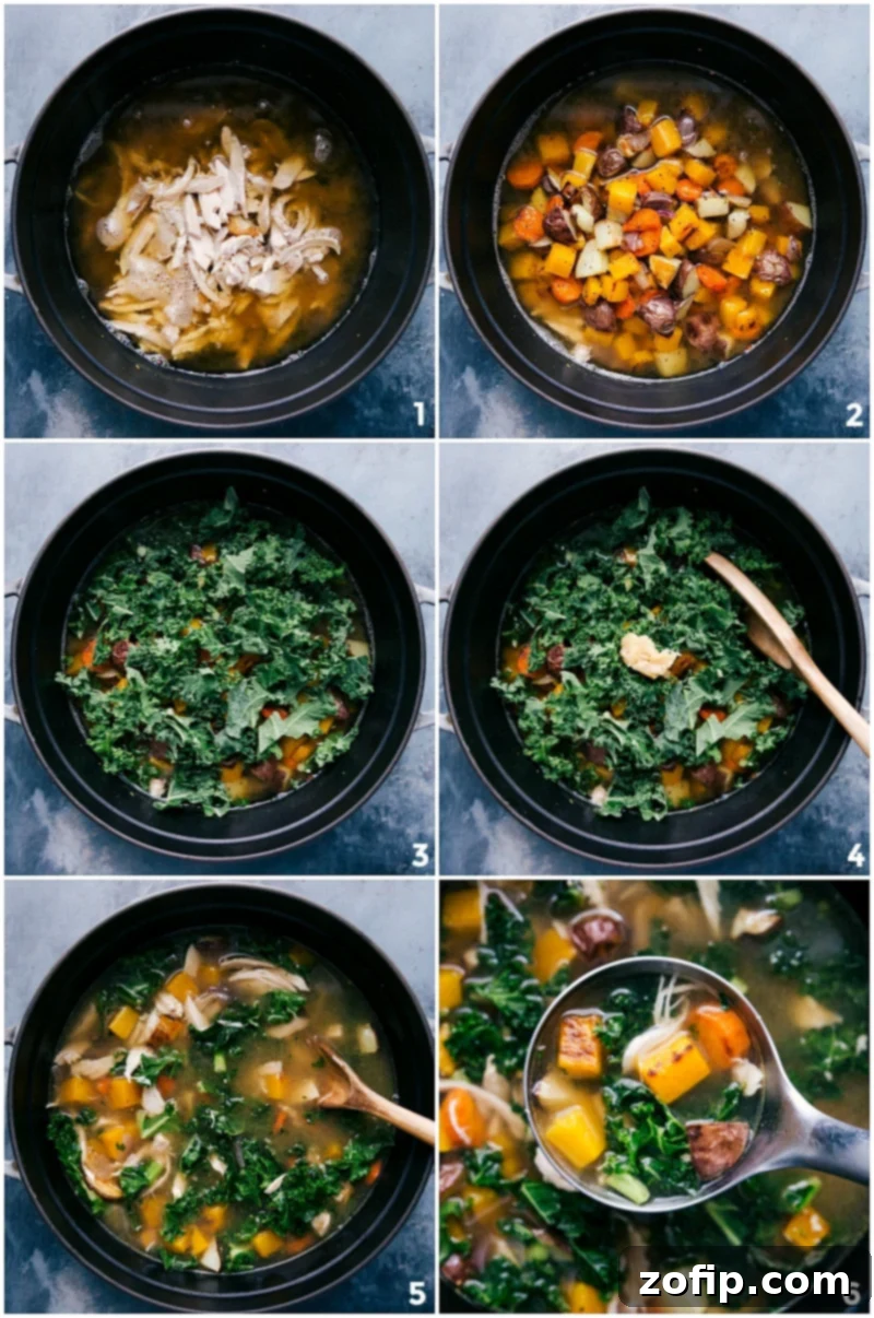 A large, rustic pot filled with a rich chicken vegetable soup, featuring tender shredded chicken, colorful roasted vegetables, and vibrant kale, simmering gently on the stovetop.