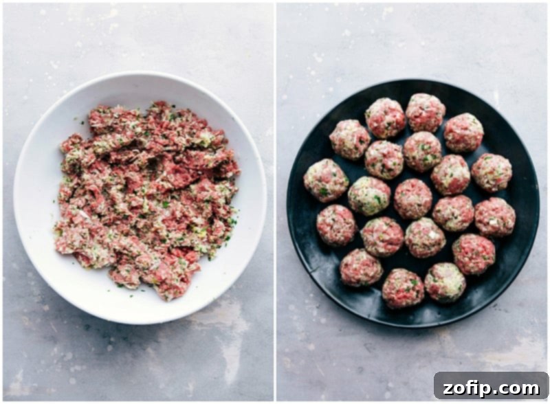 Raw seasoned ground beef being skillfully rolled into uniform balls, ready for browning and simmering, illustrating a key preparation step for homemade meatballs.