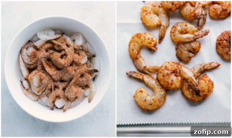 Fresh shrimp, expertly seasoned, and then arranged on a sheet pan in preparation for cooking.