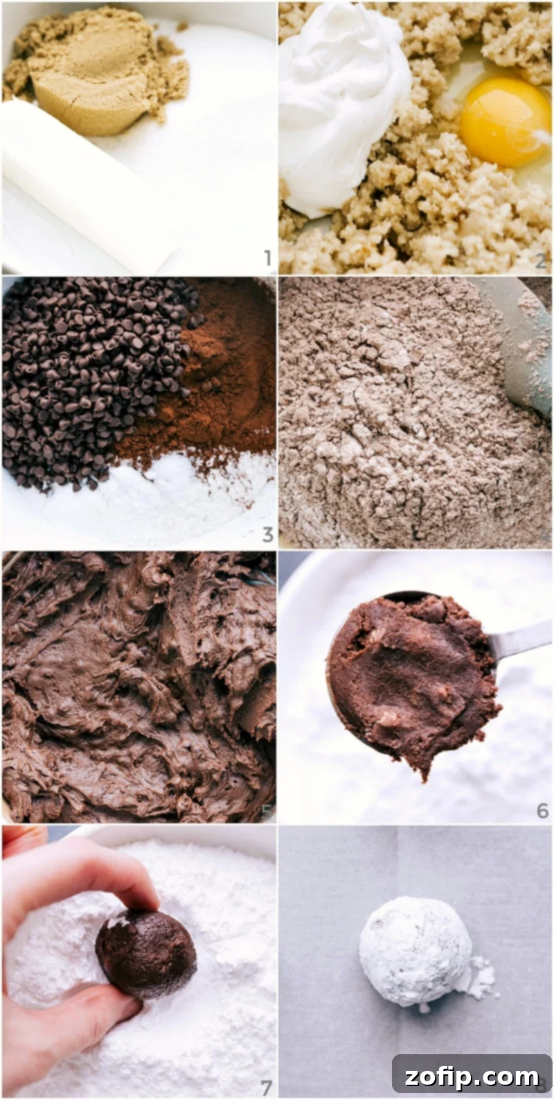 The step-by-step process of making chocolate crinkle cookies, from creaming butter and sugars, to mixing the rich cocoa dough, and finally rolling dough balls meticulously in powdered sugar before baking.