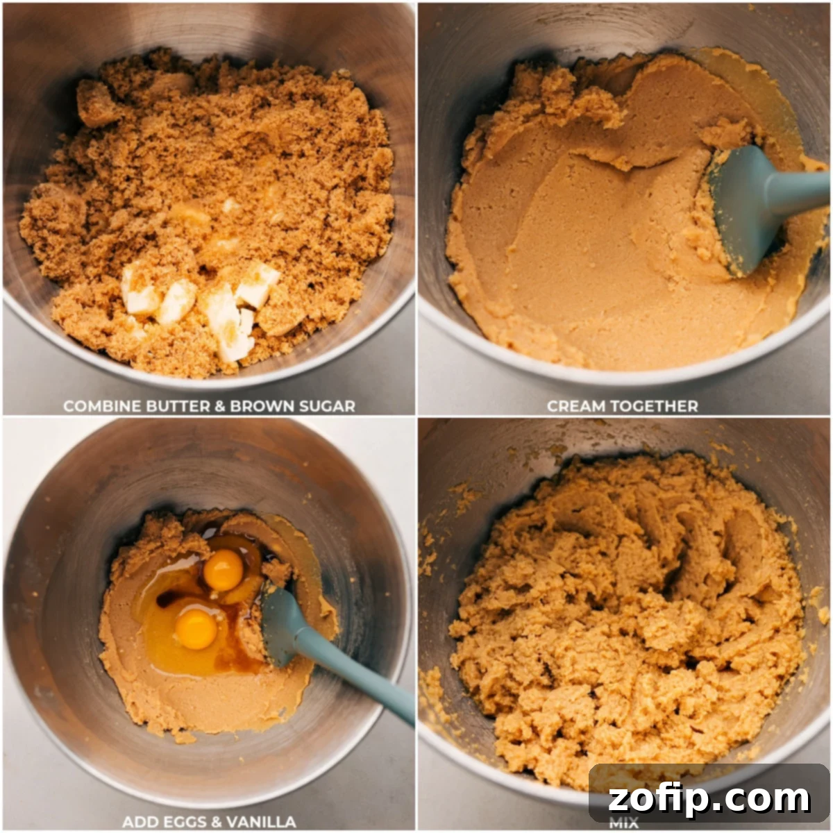 The initial steps of the chocolate cookie recipe showing cold butter, light brown sugar, eggs, and vanilla extract being perfectly creamed together in a stand mixer.