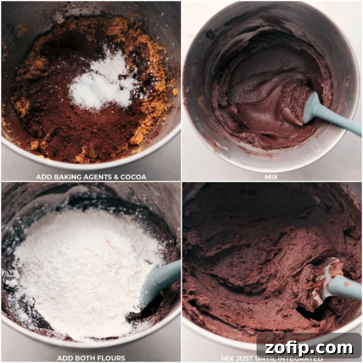 A close-up of dry baking agents like cocoa powder, cornstarch, and both cake and all-purpose flours being gently mixed together, showcasing the fine textures.