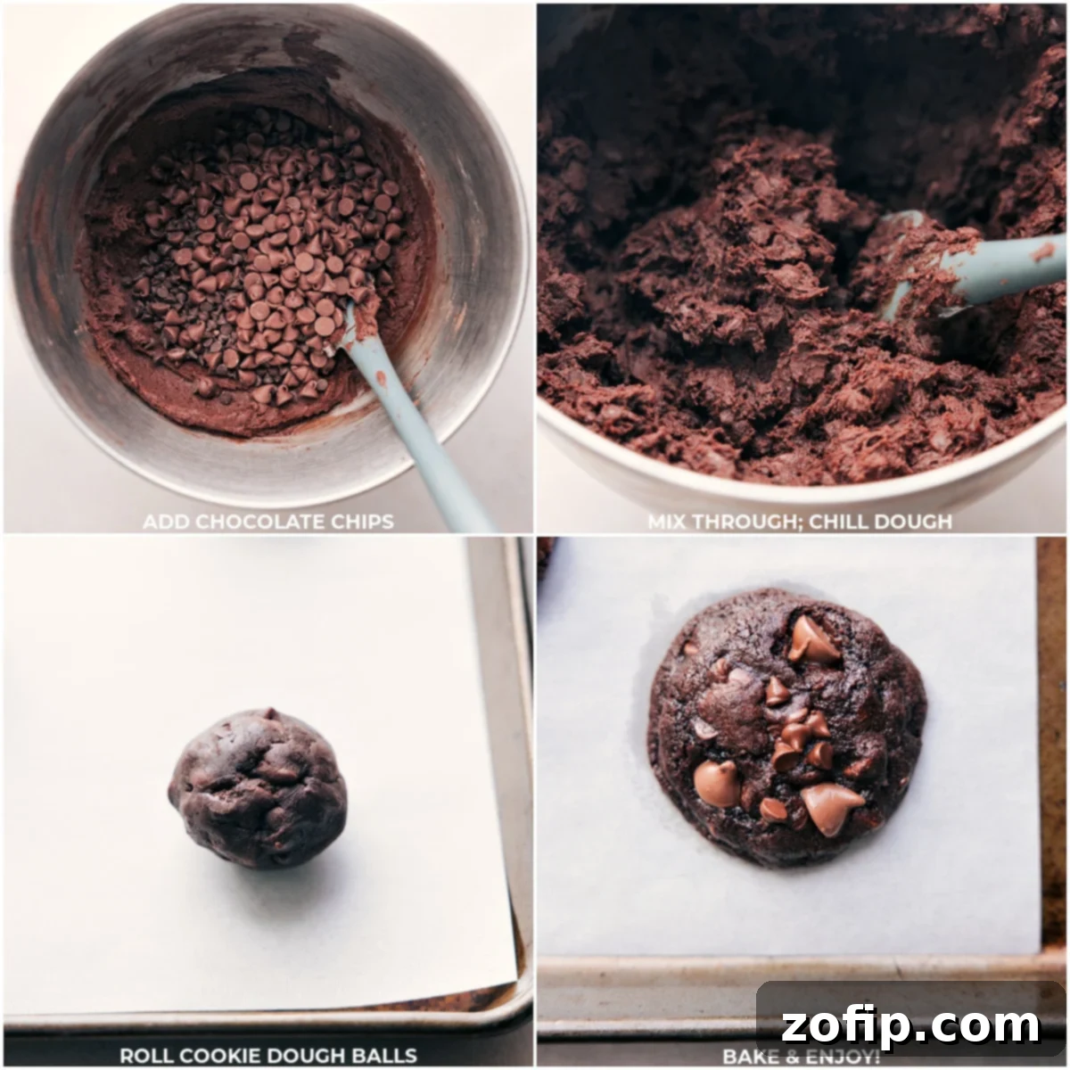The process of making chocolate cookies, from folding in a generous amount of chocolate chips into the rich dough to the final beautifully baked, warm cookies on a cooling rack.