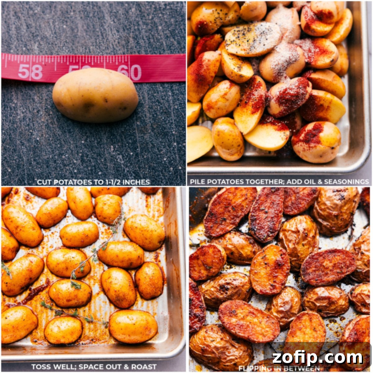 A sequence of images showing the preparation process of crispy roasted potatoes: cutting the potatoes, tossing them with olive oil and seasonings, and finally, a close-up of the perfectly baked, golden potatoes on a tray.