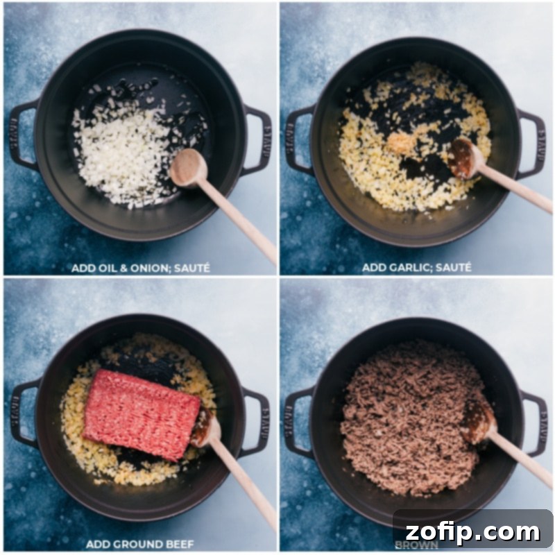 Process shots showing onion, garlic, and ground beef being sautéed in a pot for Taco Chili.