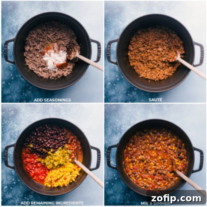Process shots of Taco Chili being assembled, showing seasonings added, followed by canned ingredients, and then simmering in a pot.