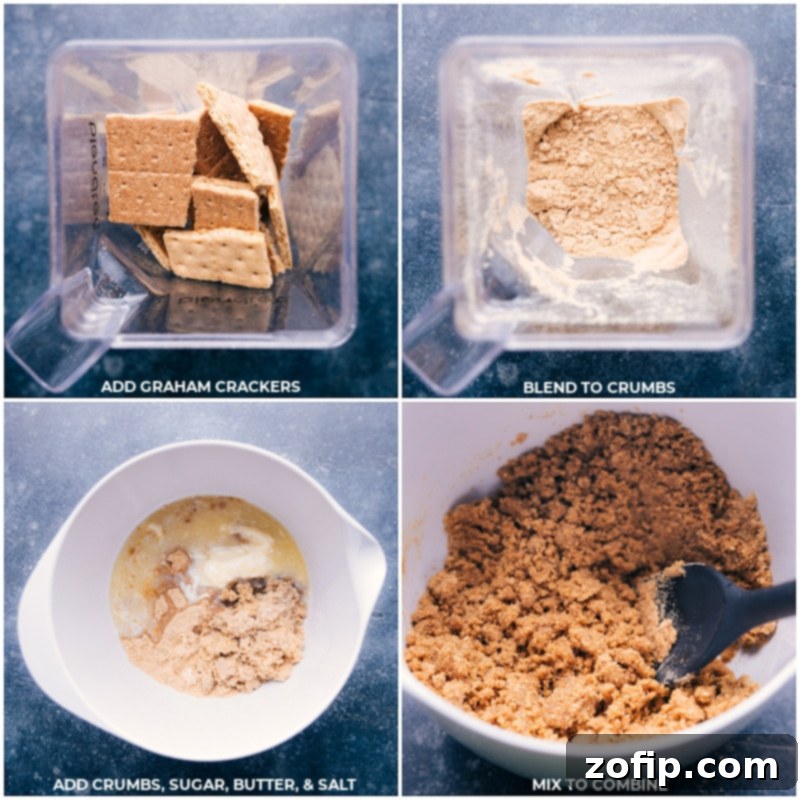 Process shots demonstrating the making of a graham cracker crust: blending graham crackers into fine crumbs, mixing crumbs with sugar, melted butter, and salt in a bowl, and the combined mixture ready for pressing.