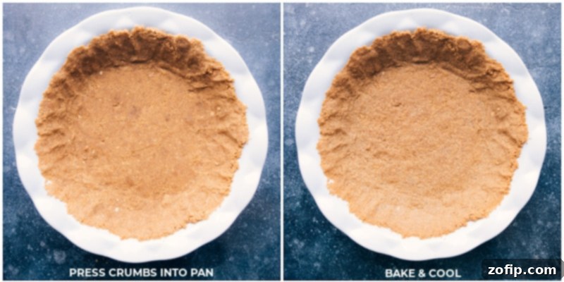 Process shots showing how to prepare the graham cracker crust: firmly pressing the crumb mixture into a pie pan with fingers and the bottom of a measuring cup, followed by an image of the crust baking in the oven and then cooling on a wire rack.