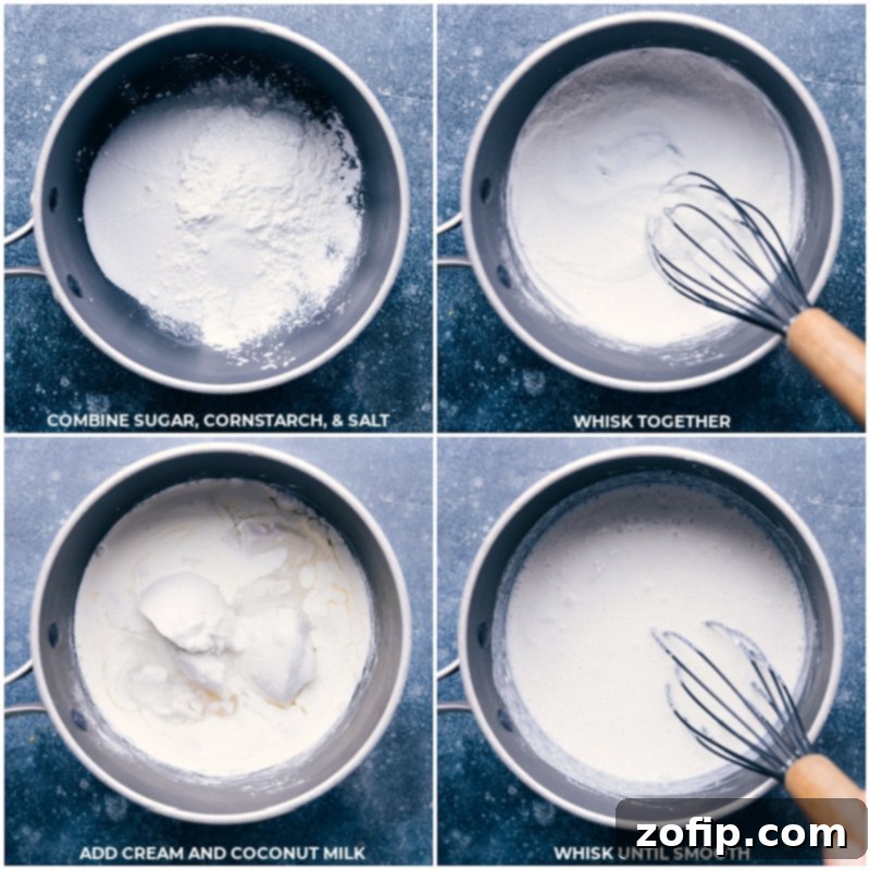 Sequence of images illustrating the initial steps of making the coconut custard: combining sugar, cornstarch, and salt in a pot, whisking dry ingredients, then adding heavy cream and coconut milk, followed by another whisk to achieve a smooth mixture before heating.
