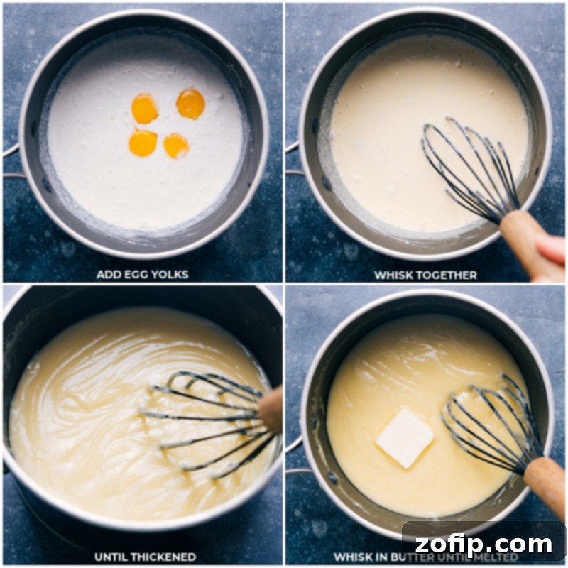 Process images showing the coconut custard thickening on the stove: whisking vigorously as the mixture thickens, followed by adding butter and continuing to whisk until it's fully incorporated and smooth.