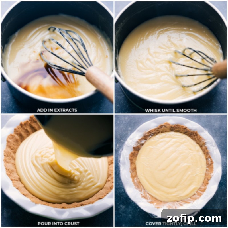 Process shots demonstrating the final steps of preparing the coconut custard: adding vanilla and coconut extracts, whisking until perfectly smooth, then pouring the creamy filling into the baked crust, and finally, covering the pie with plastic wrap directly on the surface for chilling.