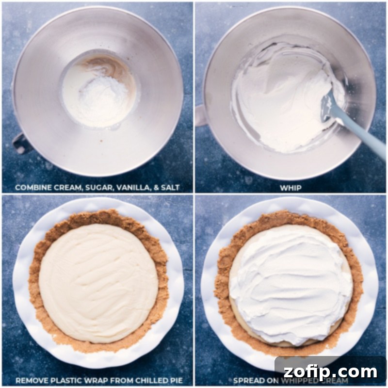 Process shots detailing the creation of homemade whipped cream and the final assembly of the pie: combining heavy cream, powdered sugar, vanilla, and a pinch of salt; whipping the mixture until thick peaks form; carefully removing the plastic wrap from the chilled pie; and generously topping the pie with the freshly made whipped cream, ready for toasted coconut.