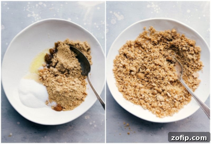 Crafting the Perfect Graham Cracker Crumble Topping Preparing the delicious graham cracker crumble topping in a bowl.