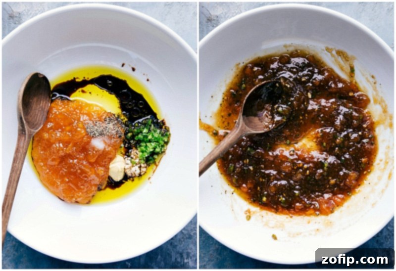 Mixing Ingredients for a Delicious Glaze - Preparing a Flavorful Coating All ingredients for the glaze being combined in a bowl to create a delicious, glossy mixture.