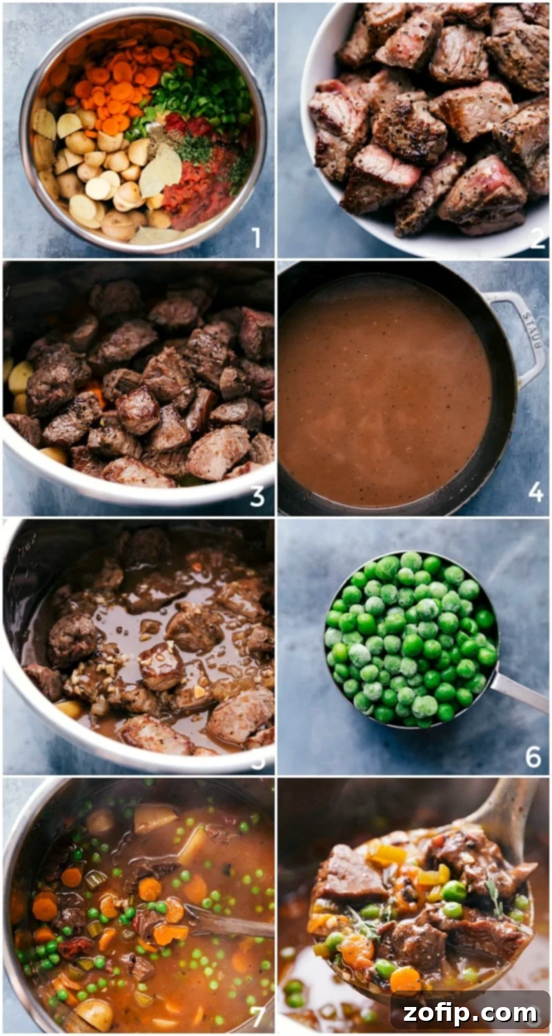 A visual sequence of making Instant Pot beef stew: fresh vegetables added, followed by seared beef, then the mixture simmering and cooking, and finally, green peas stirred in to complete the hearty dish.
