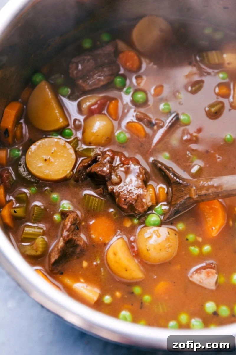 A large pot of delicious and hearty beef stew, freshly prepared in an Instant Pot, being stirred gently before serving. The rich, thick gravy coats the tender beef and vibrant vegetables.
