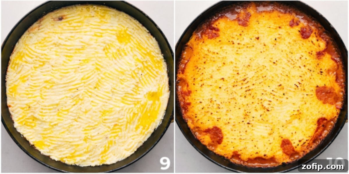 Verdant Shepherd's Pie 7 Top-down view of Vegetarian Shepherd's Pie in a baking dish