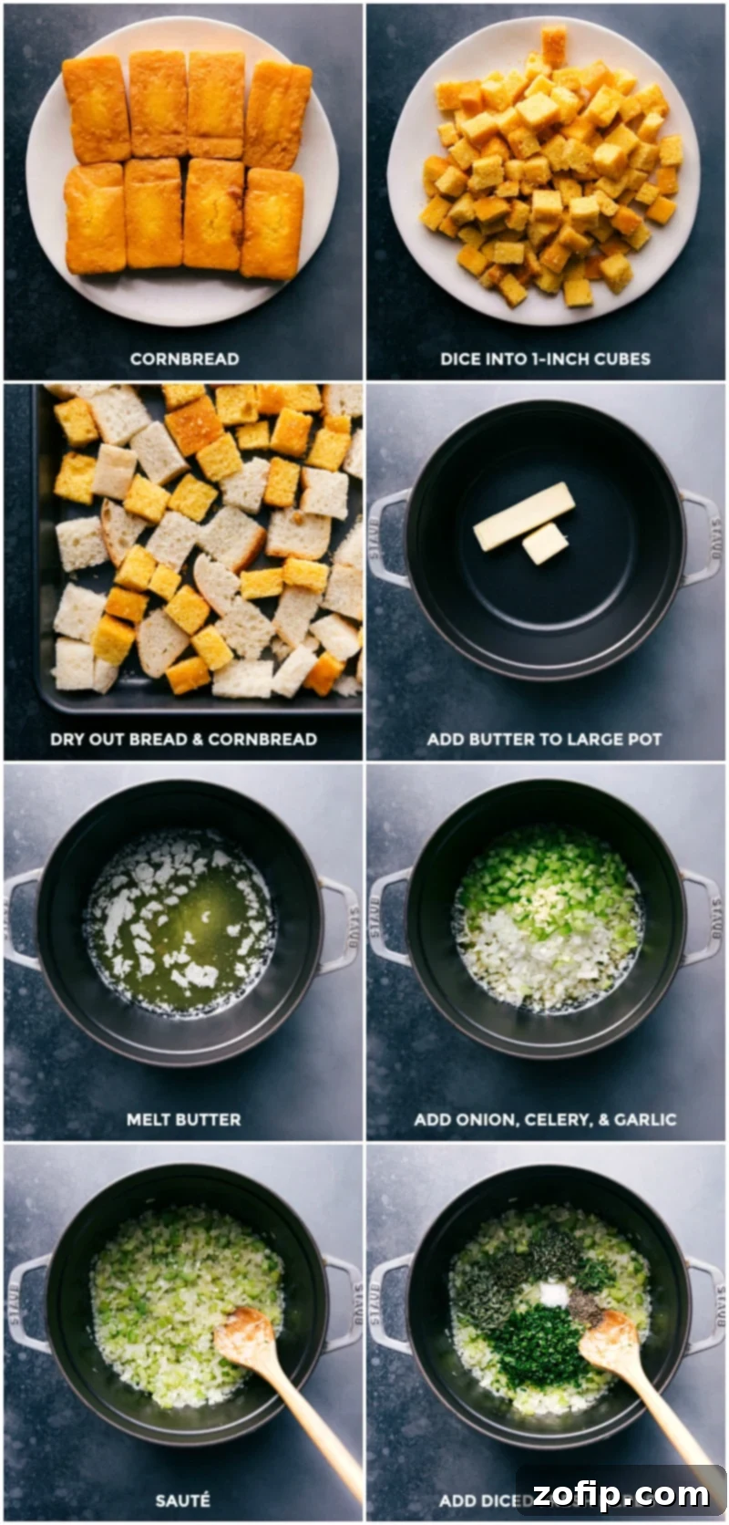 Bread Preparation for Stuffing - Drying Bread on Tray and Cooking Butter, Herb, and Veggie Mixture Preparing ingredients: Cubed cornbread and sourdough bread laid out on a baking tray to dry, while a mixture of butter, herbs, and vegetables simmers in a pan, ready to be combined for the dressing.