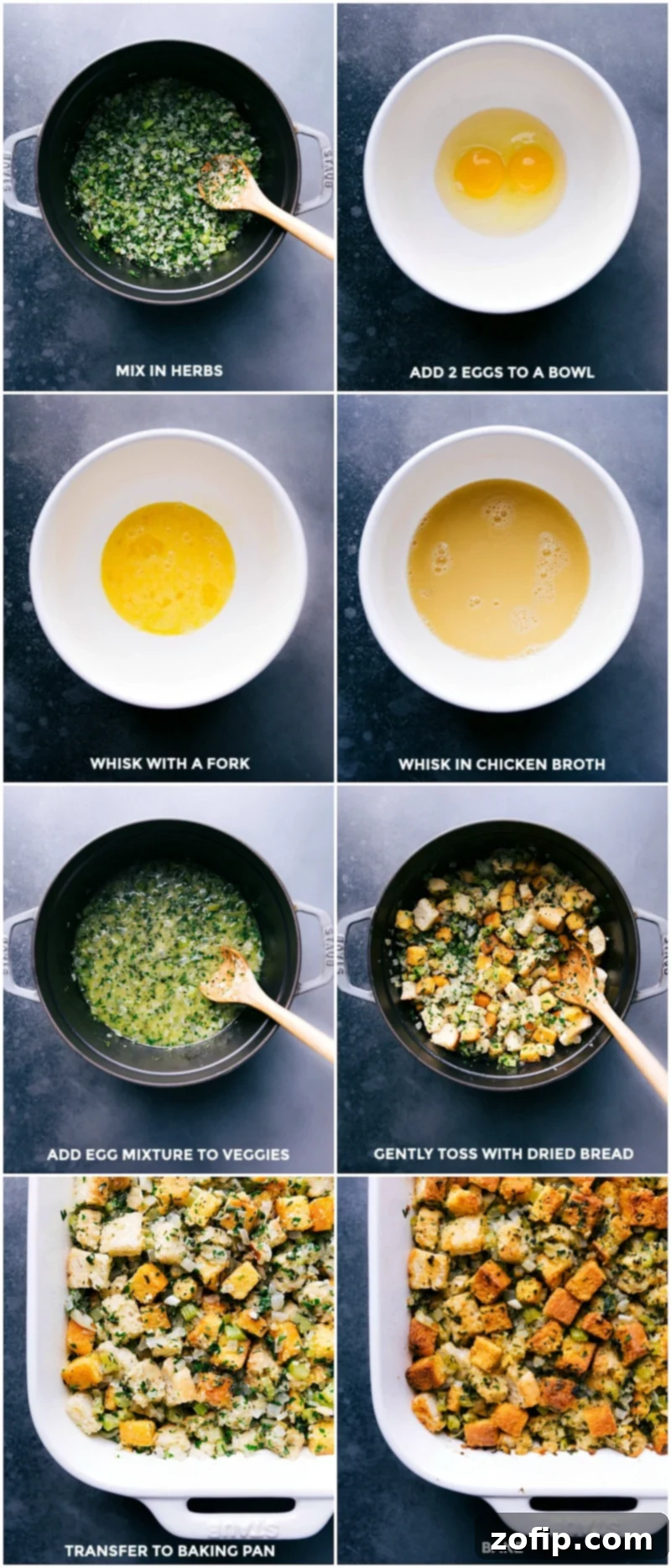 Mixing and Baking Ingredients for Cornbread Dressing The process of combining and mixing the prepared ingredients, pouring the fragrant mixture into a baking pan, and the dressing baking beautifully in the oven.