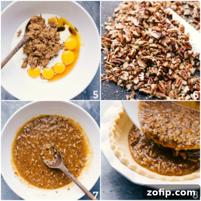 Pie Filling Preparation: Mixing Wet Ingredients, Adding Pecans, and Pouring into Pan Making the pie filling, mixing wet ingredients, adding pecans, and pouring into the prepared pie pan to make the delicious pecan pie recipe.