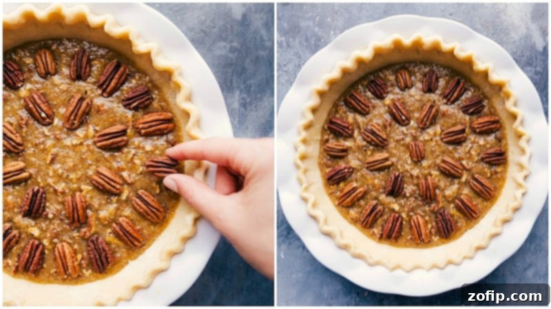 Arranging Pecans on Pie - Delicate and Beautiful Decor Delicately and beautifully placing the nuts on top of the filling before baking.