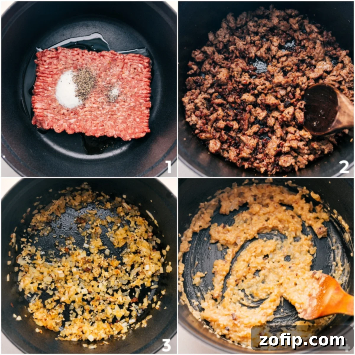 Browning Italian sausage in a large pot before adding to the slow cooker, followed by sautéing onion and garlic with flour for the Zuppa Toscana soup base.