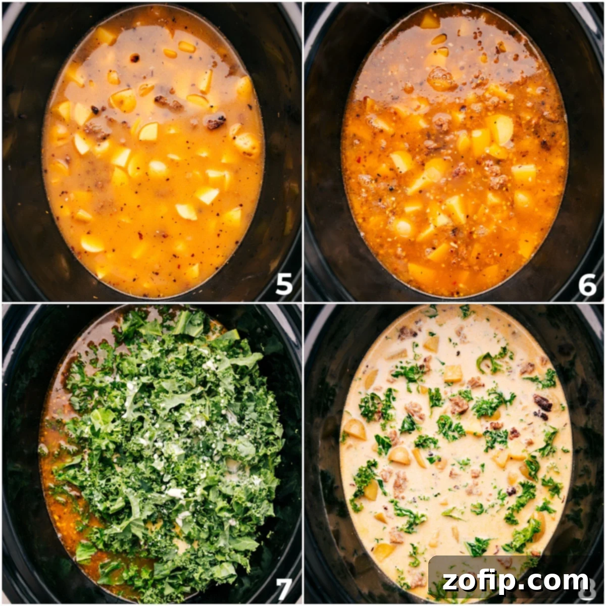 All the delicious ingredients combined in the crockpot, slow cooking to perfection for a flavorful Zuppa Toscana Soup.