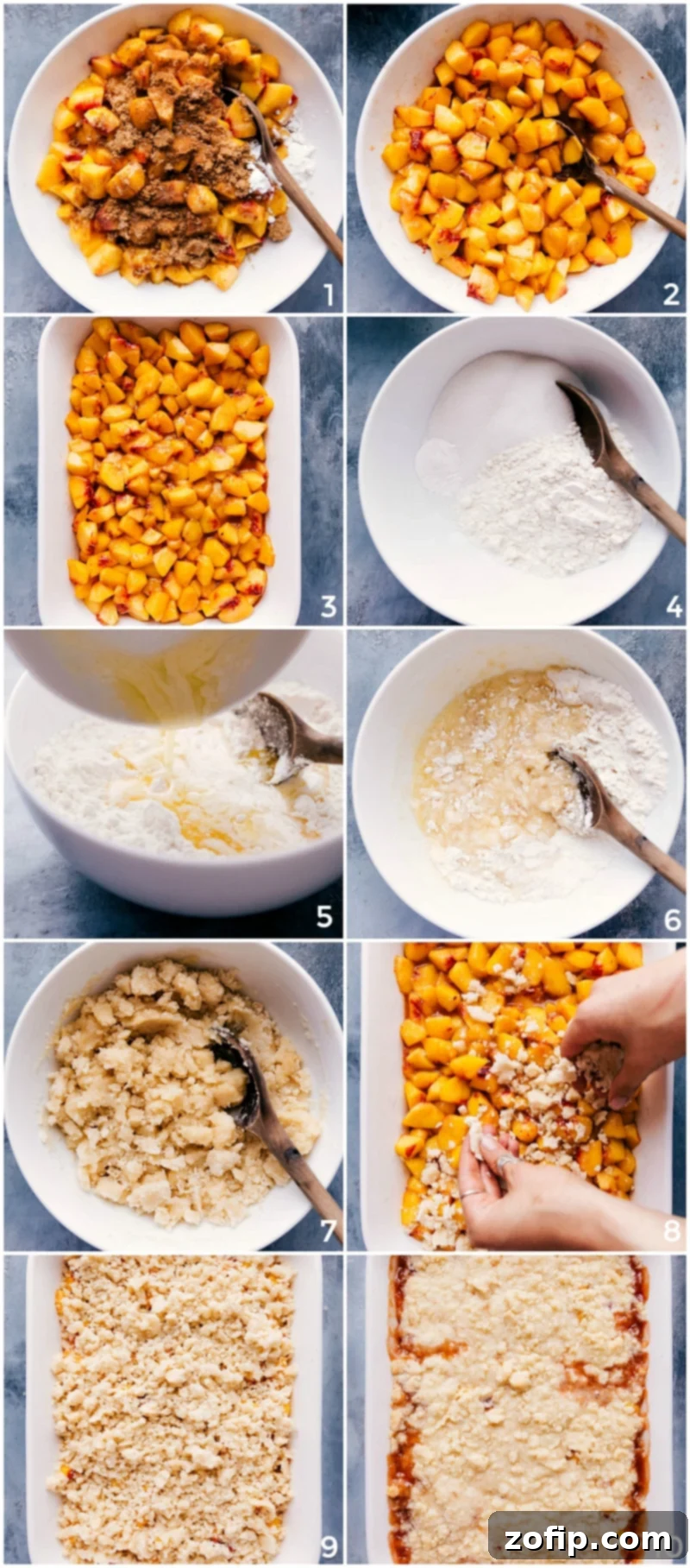 Preparing peach filling and delicious crumble topping for the dessert, showcasing fresh ingredients.