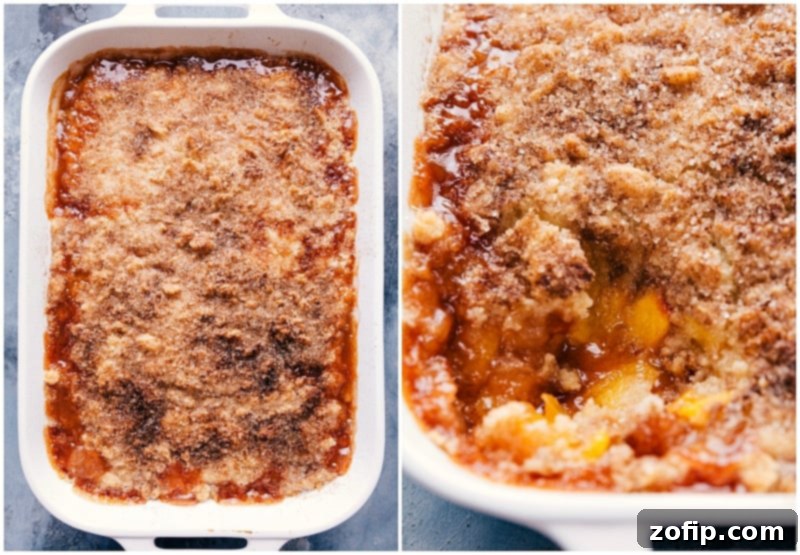 Finished peach cobbler recipe, fresh out of the oven, a delicious dessert ready to be enjoyed with a golden crust.
