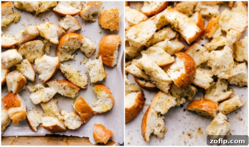 Flavor-Packed Homemade Croutons: A Perfect Crispy Addition Golden-brown, delicious homemade croutons being carefully prepared and seasoned, ready to add a crunchy texture and rich flavor to the salad.