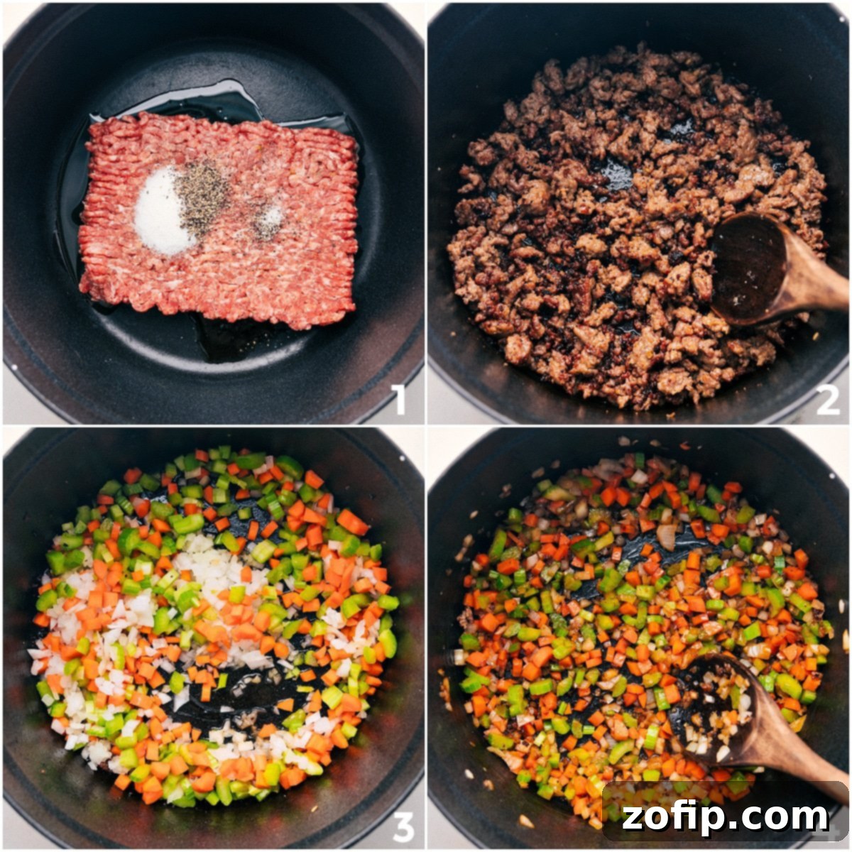 The initial steps of preparing the creamy sausage potato soup, demonstrating how to properly brown Italian sausage and then sauté the aromatic mirepoix (carrots, celery, and onion) in the same pot to build a rich flavor base.