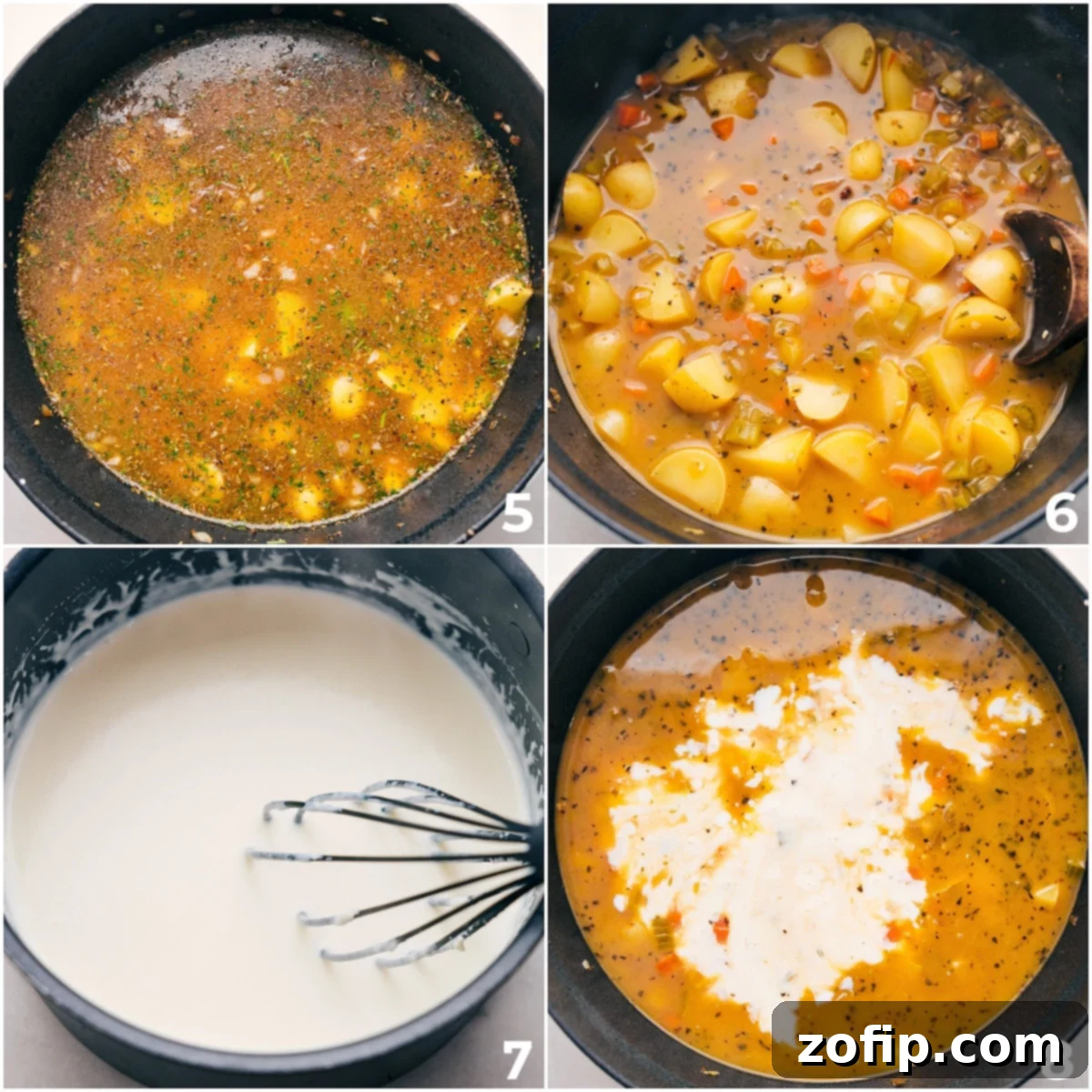 The culinary process of making creamy sausage potato soup, illustrating the incorporation of flavorful chicken broth and rich cream sauce to achieve its signature smooth and inviting texture.