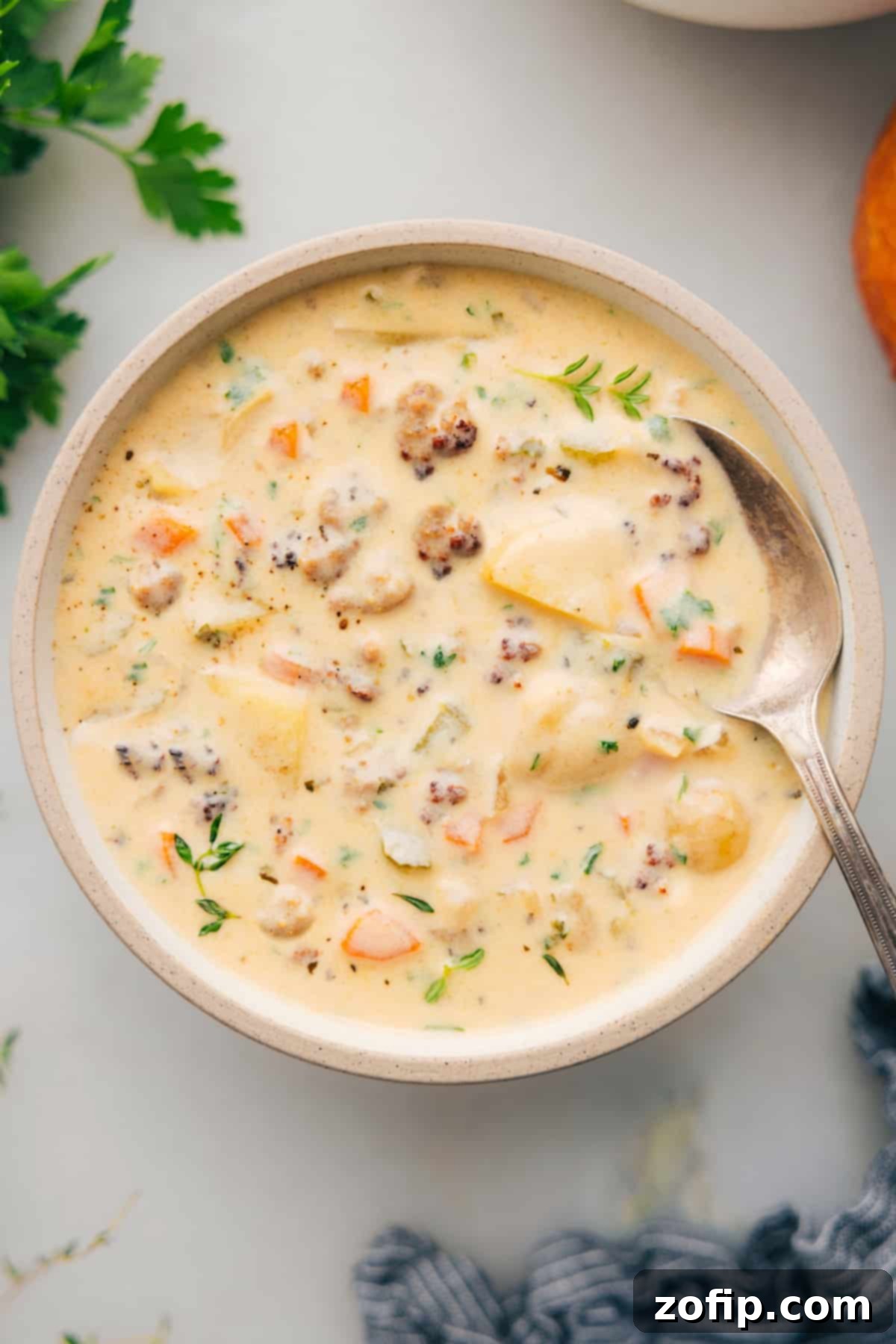 A beautifully presented bowl of steaming creamy Sausage Potato Soup, elegantly garnished with fresh parsley and served alongside a slice of crusty bread, inviting a comforting meal.