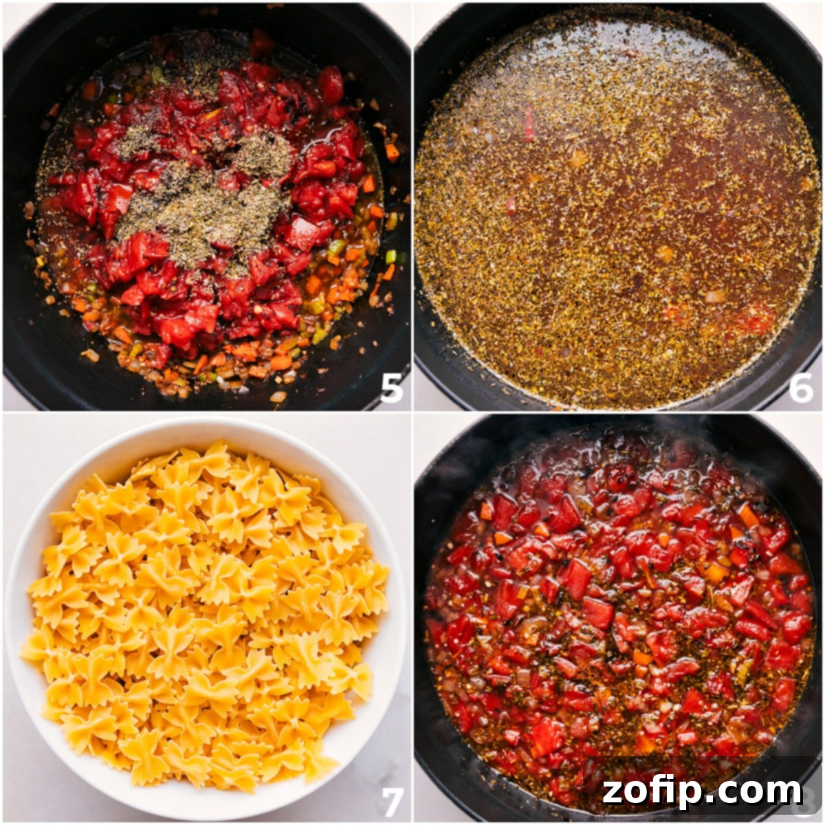 A large pot of pasta soup simmering on the stovetop, filled with crushed tomatoes, rich broth, tender pasta, and savory Italian sausage, all cooking together to perfection.