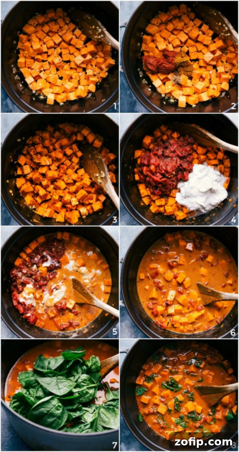A visual step-by-step guide showing sweet potatoes being cooked with aromatics, other ingredients and seasonings being added, the curry simmering to perfection, fresh spinach being stirred in, and the final dish ready to be served, illustrating the cooking process.