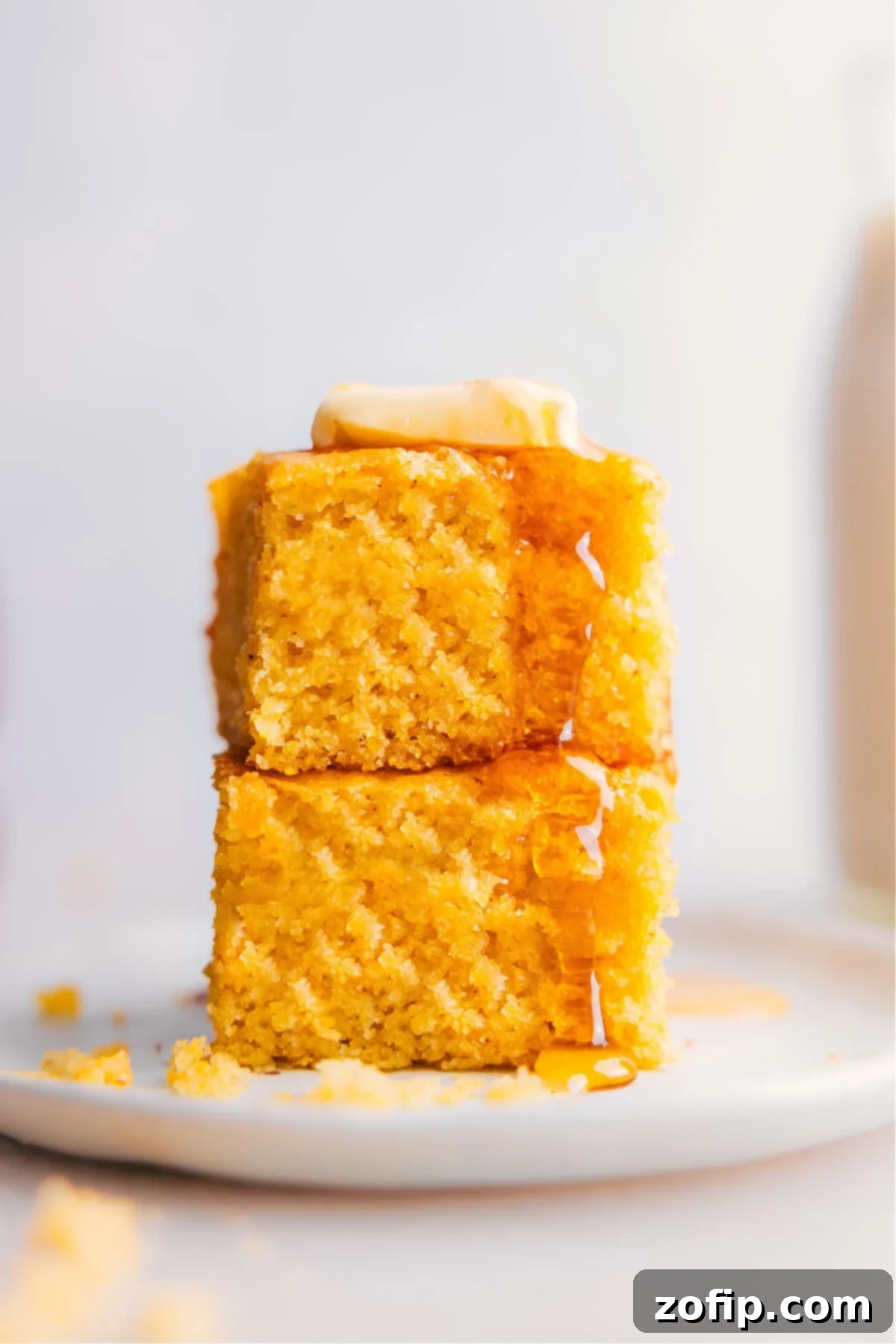 Stack of delicious and fluffy cornbread with honey and butter on a plate.