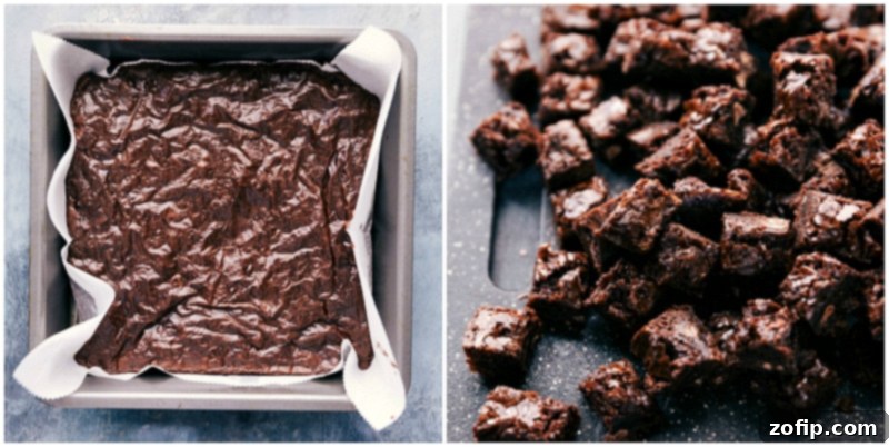 Delicious Baked Brownies Cut into Bite-Sized Cubes Small, bite-sized cubes of freshly baked brownies, perfectly cut and ready to be layered into a delicious trifle.