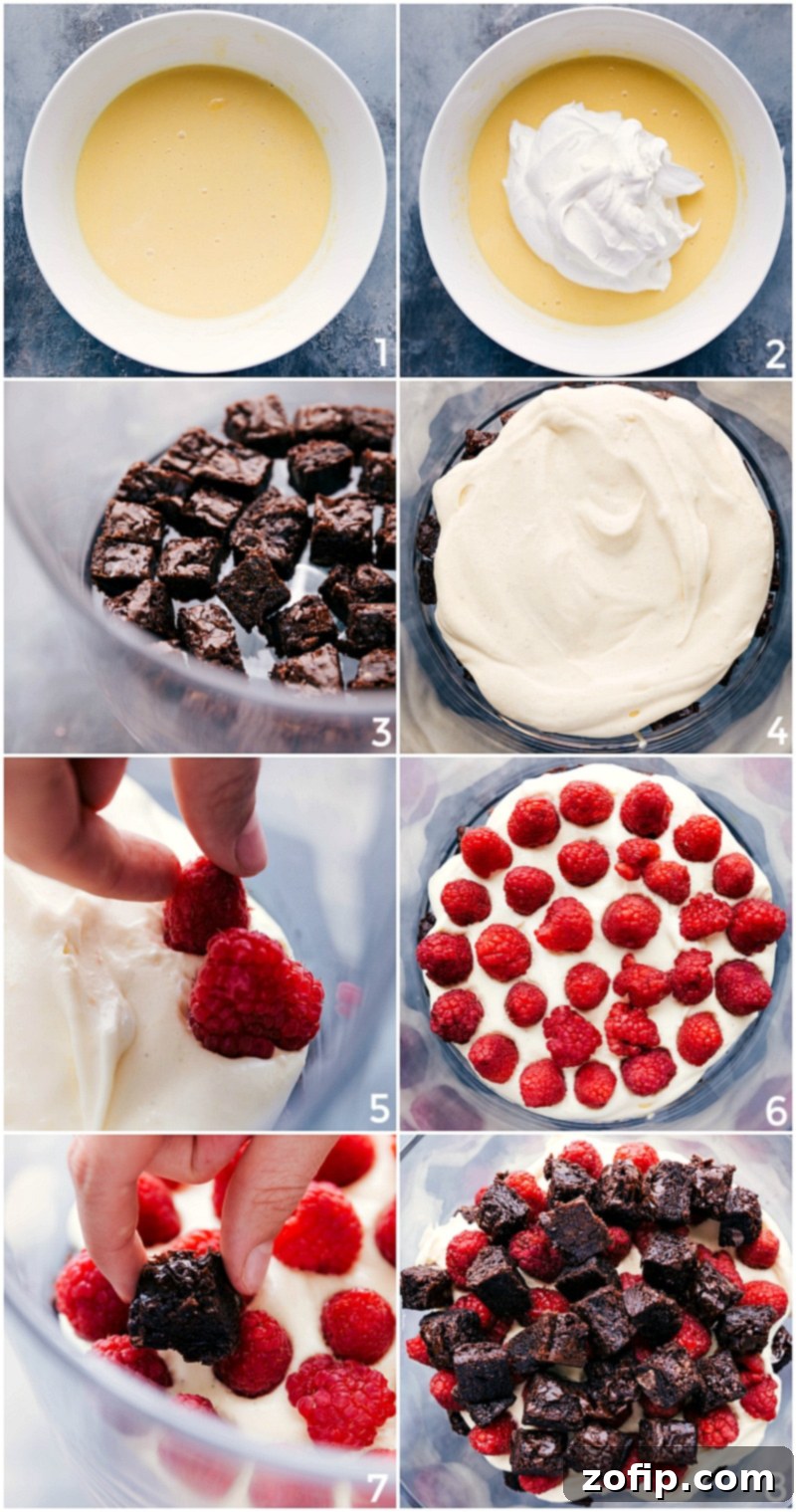 Building Layers of Brownie Trifle: Brownies, Cream, and Berries Layer-by-layer construction of a trifle with brownies, showcasing the process of adding brownies, followed by cream and berries, and repeating for a delectable creation.
