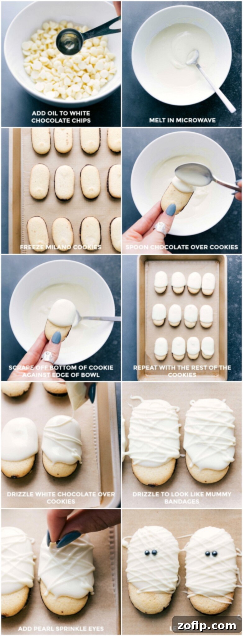 Creating Festive Cookies: From Melting Chocolate to Adding Eyes Process of melting white chocolate, freezing cookies, coating in white chocolate, adding sprinkle eyes, and piping white chocolate over everything for to create these halloween mummy cookies.