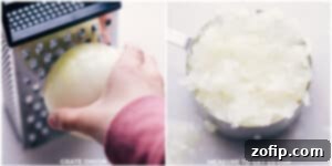 Close-up of finely grated onion, ready for incorporation into the meatball mixture.