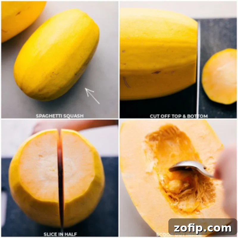 Cutting the spaghetti squash in half and scooping out the seeds in preparation for roasting.