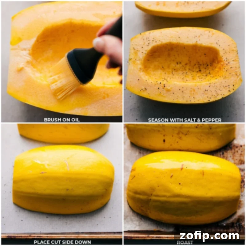 Brushing the cut spaghetti squash halves with olive oil and seasoning generously with salt and pepper before placing them face down on a baking sheet for roasting.