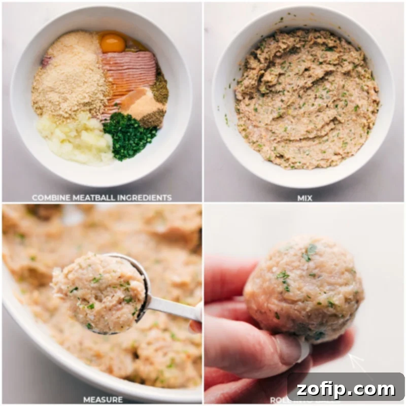Combining all meatball ingredients in a large bowl and rolling the mixture into uniform balls ready for baking.