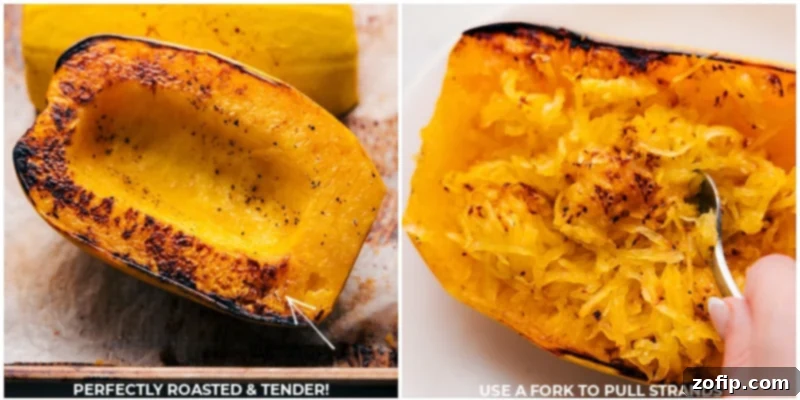 Using a fork to expertly pull the delicious, delicate strands out of a perfectly roasted spaghetti squash half.