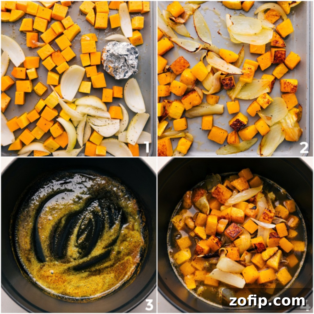 Roasted butternut squash, onion, and garlic spread on a sheet pan, ready to be added to a large pot for the butternut squash soup.
