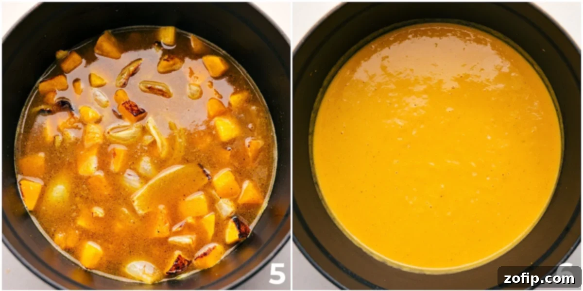The smooth, creamy texture of freshly blended butternut squash soup in a pot.