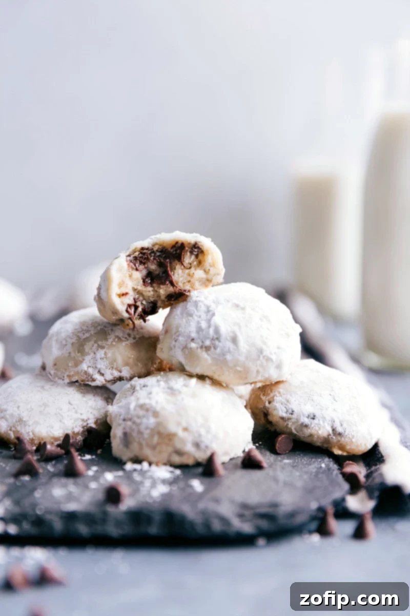 Delicious Chocolate Chip Snowball Cookies, coated in powdered sugar