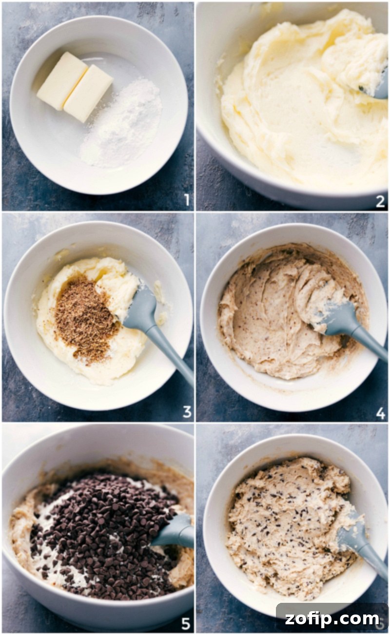 Process shots illustrating steps for making Chocolate Chip Snowball Cookies
