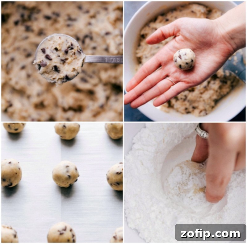 Process shots showing how to roll cookie dough balls for baking